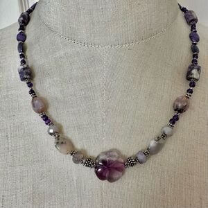 Artisan Purple Gemstone Necklace w/ Carved Fluorite Flower